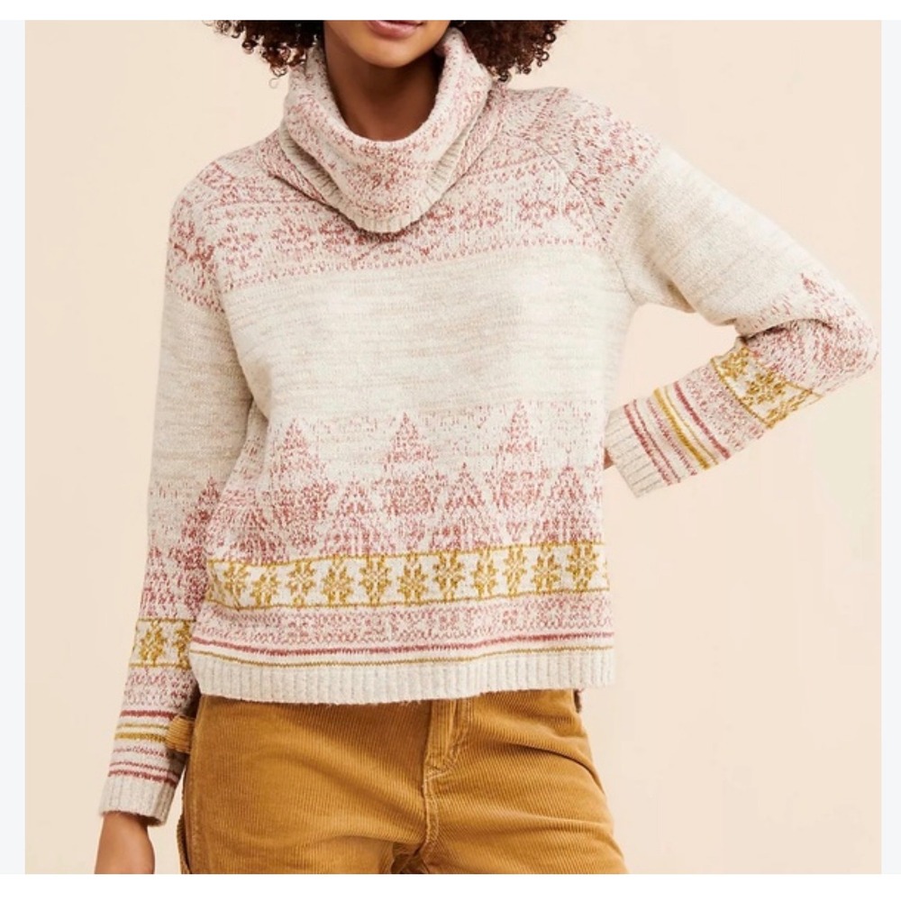 Anthropologie Pilcro Cowl Neck Fair Isle Knit Sweater Cream Rust Small